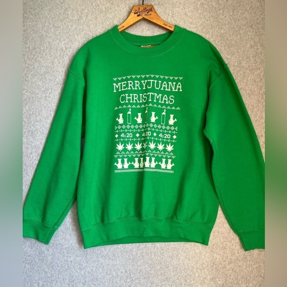 Men’s Sweatshirt Medium Green Merryjuana Ugly Christmas Sweater  Weed